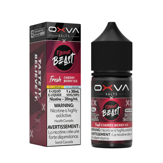 OXVA Salts Flavour Beast x Cherry Berry Ice e-liquid shown with its retail box and matching bottle on a plain white background.