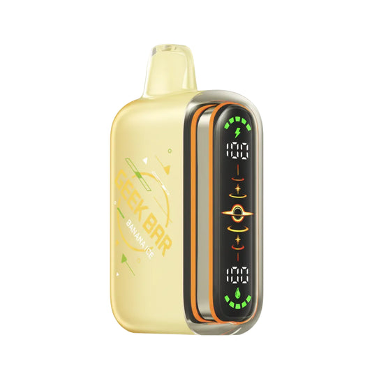 A compact disposable vape device in a translucent pale yellow color, featuring a black front panel with orange trim, green LED-style indicators, and a small digital display. The brand name 'GEEK BAR' is printed on the side.