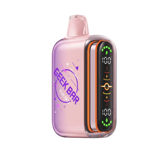 A Geek Bar Blue razz disposable vape device with a translucent pink body, purple branding, and an orange-trimmed black digital display screen, shown on a solid white background.