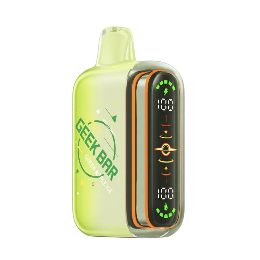 A Geek Bar disposable vape device in translucent neon yellow-green with a black and orange side panel featuring a digital display screen, shown on a plain white background.