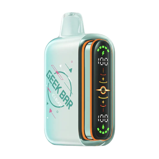 A translucent mint green Geek Bar vape device with a black digital display screen and orange trim, shown on a solid white background.