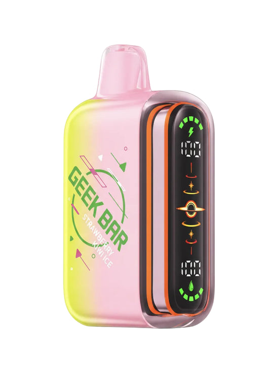 A Geek Bar disposable vape device in a pink and yellow gradient finish, featuring a black digital display screen on the side with green and orange graphics, set against a plain white background.
