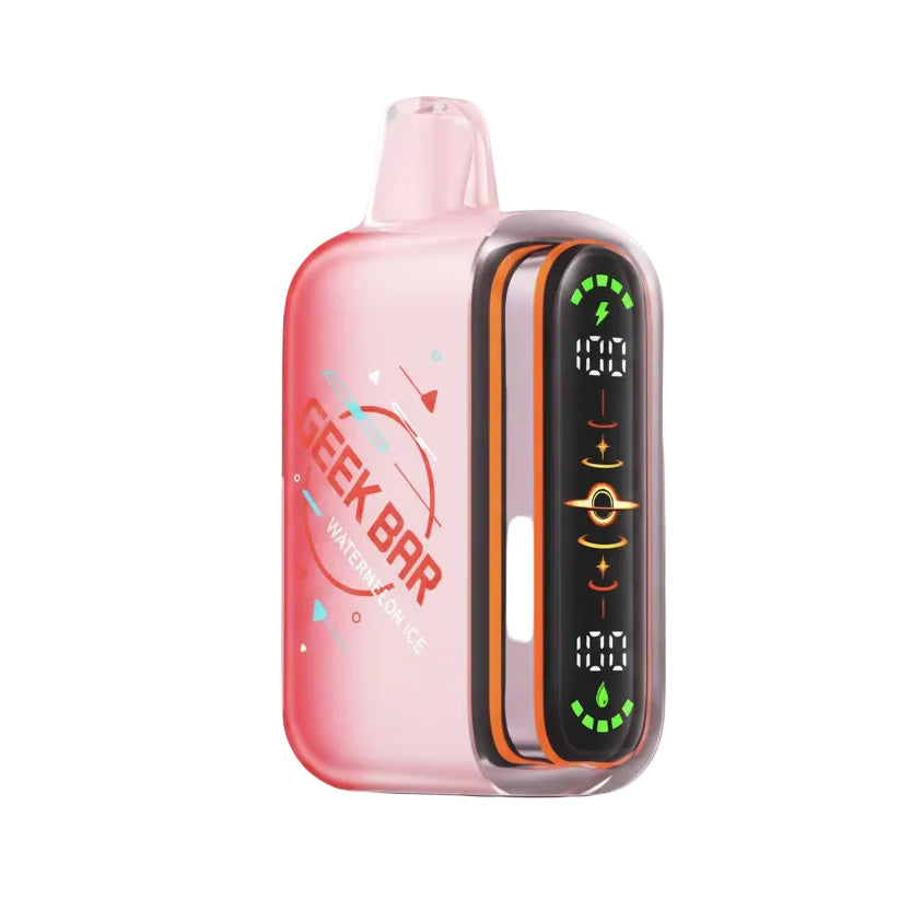 A pink and orange Geek Bar Water Vaporizer vape device with a digital display screen showing battery levels, set against a plain white background.