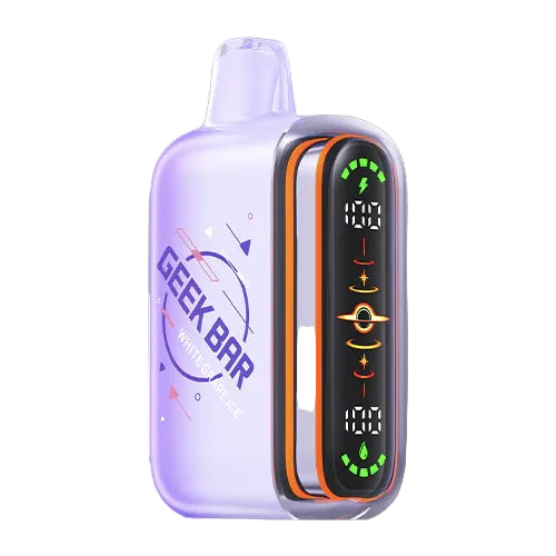 A Geek Bar White Grape ice disposable vape device in translucent lavender purple with a black front display panel outlined in orange, shown on a plain white background.