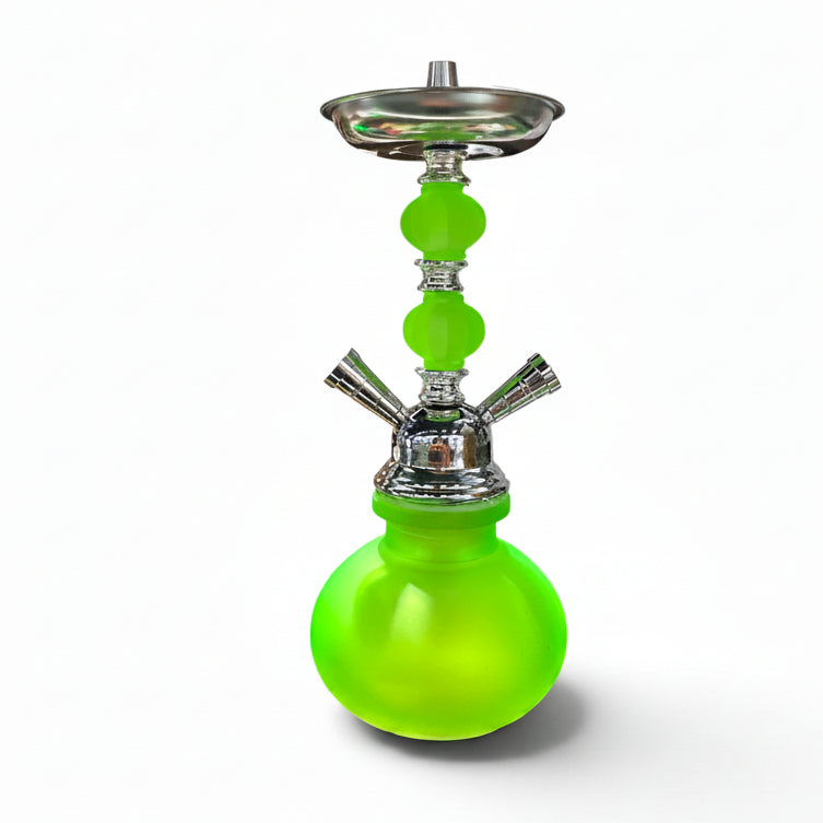 A bright green glass hookah with a matching green glass bowl, silver metal collar, and silver mouthpieces, set against a plain white background.