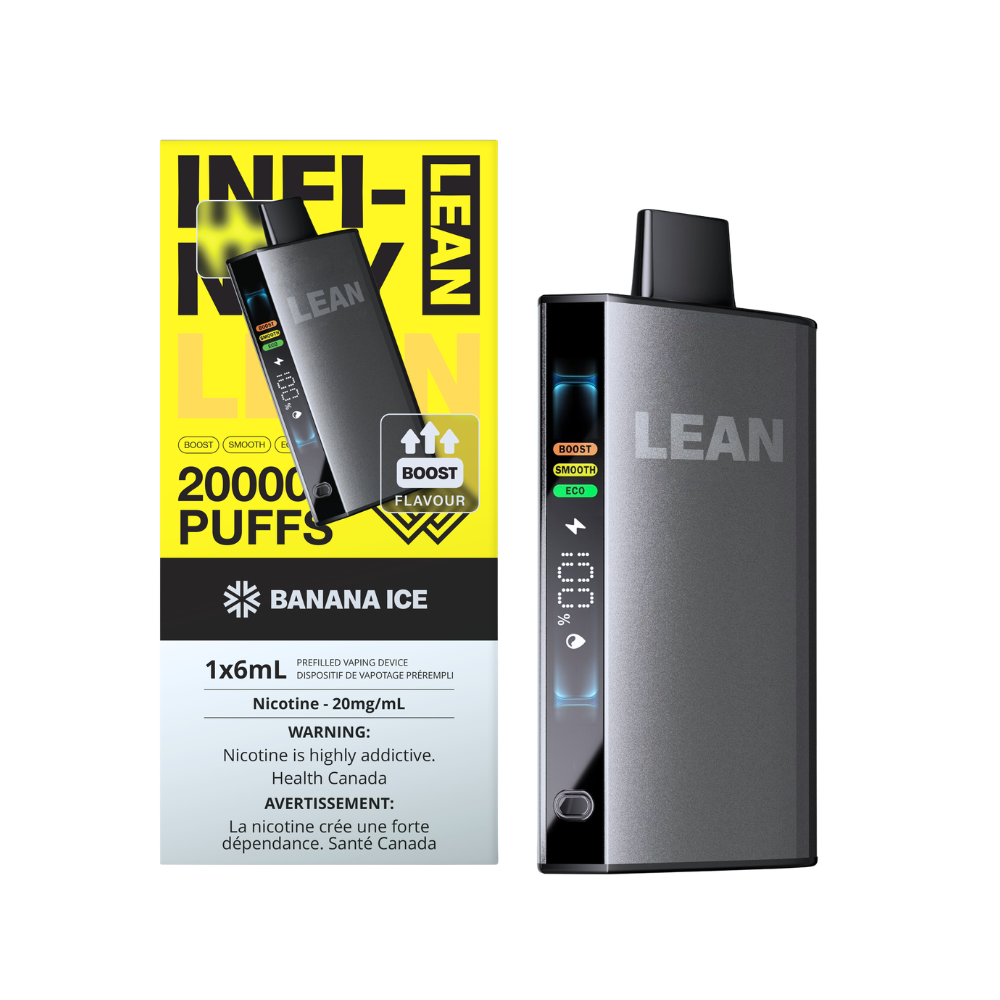 A LEAN disposable vape device in dark gray stands next to its yellow and white packaging box labeled 'INFINITY LEAN 20000 PUFFS' and 'BANANA ICE'. The device features a digital screen showing battery and flavor details, and the packaging displays Health Canada warning labels.