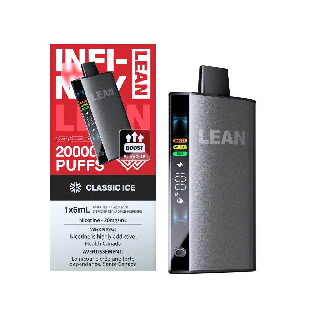 A LEAN Classic Ice disposable vape device in dark gray stands next to its red and white retail packaging box on a plain white background.