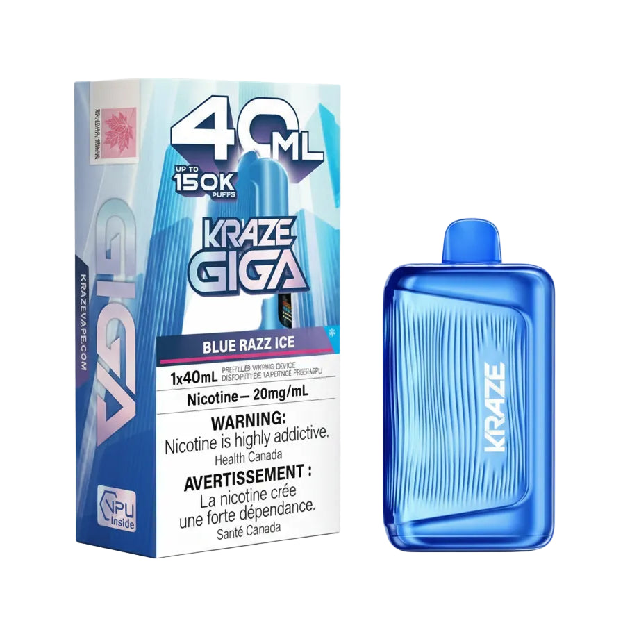 A blue Raze Giga vape device shown next to its retail packaging box on a plain white background. The packaging is white and blue with text indicating '40 ML', '150K Puffs', and 'BLUE RAZZ ICE'.