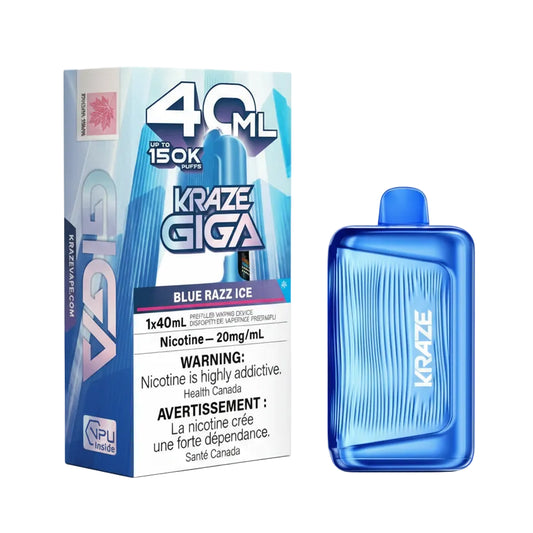 A blue Raze Giga vape device shown next to its retail packaging box on a plain white background. The packaging is white and blue with text indicating '40 ML', '150K Puffs', and 'BLUE RAZZ ICE'.