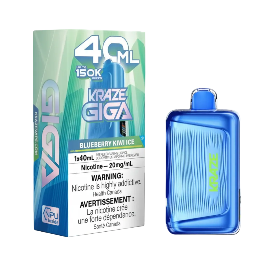 A blue disposable vape device next to its retail packaging box on a solid black background. The packaging is white, green, and blue with 'KRAZE GIGA' and 'BLUEBERRY KIWI ICE' printed on it.