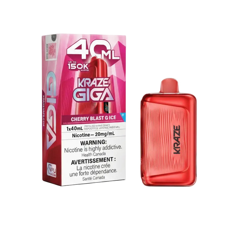 A 40 ML disposable vape device next to its pink and white retail packaging box, featuring the brand name 'Kraze Giga' and flavor 'Cherry Blast G Ice'.