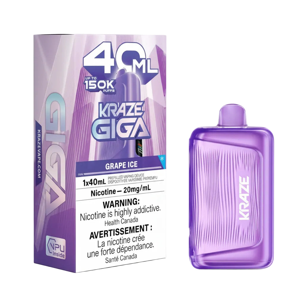 A purple Grape Ice disposable vape device next to its retail packaging box. The box features 'KRAZE GIGA 40 ML' branding with a prominent warning label and 'GRAPE ICE' flavor text.