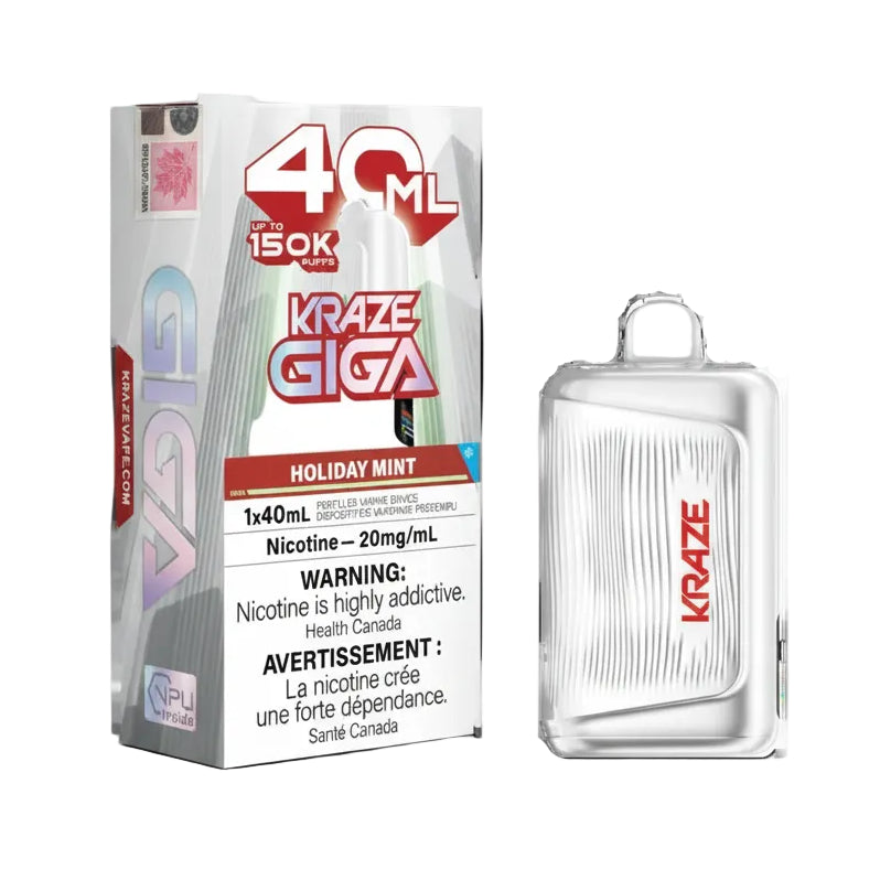 Kraze Giga 40ml disposable vape device next to its retail packaging box on a plain white background. The box is white with red and silver graphics, and the device itself is clear with a red brand logo.