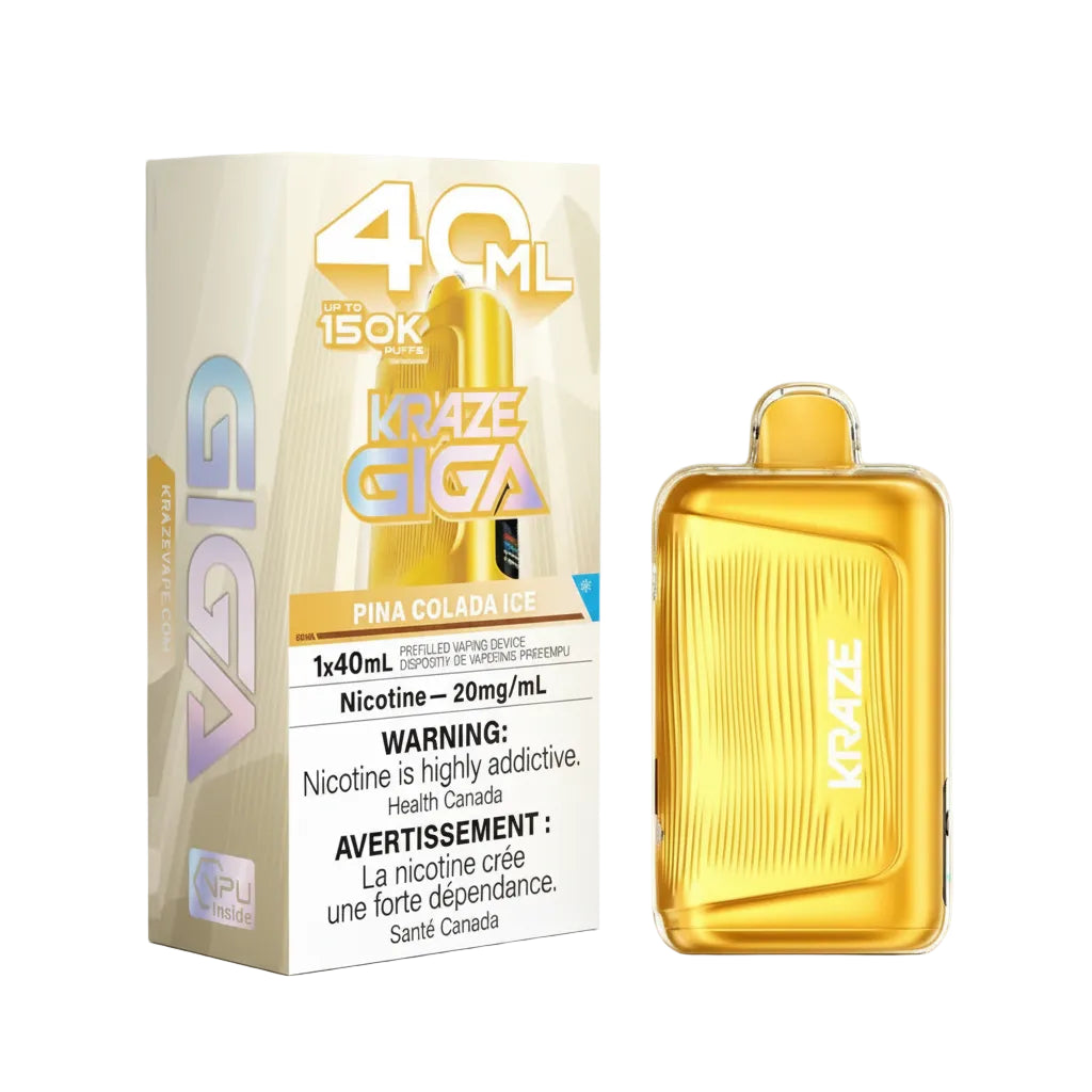 A 40 mL disposable vape device in a translucent golden yellow color next to its packaging box, labeled 'KRAZE GIGA PINA COLADA ICE'. The box features a white and beige design with product details and health warnings.