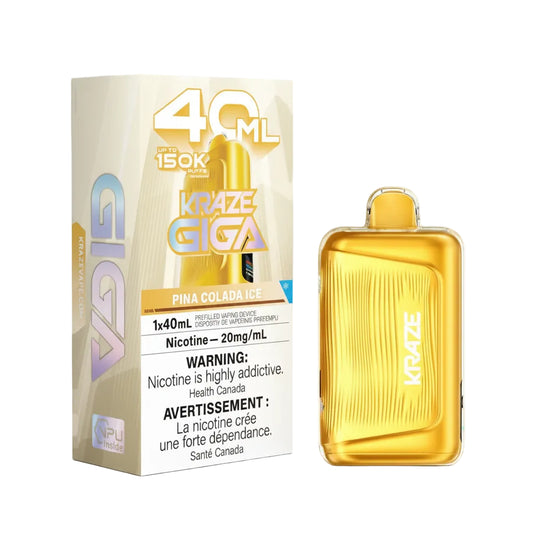 A 40 mL disposable vape device in a translucent golden yellow color next to its packaging box, labeled 'KRAZE GIGA PINA COLADA ICE'. The box features a white and beige design with product details and health warnings.