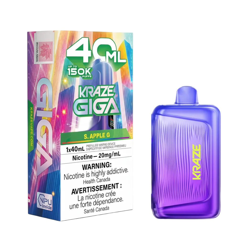 A Sour Apple Ice 40 mL disposable vape device next to its retail packaging box on a plain white background. The packaging features a vibrant, multicolored neon design with '40 ML', '150K Puffs', and 'KRAZE GIGA' printed on it, along with 'S.