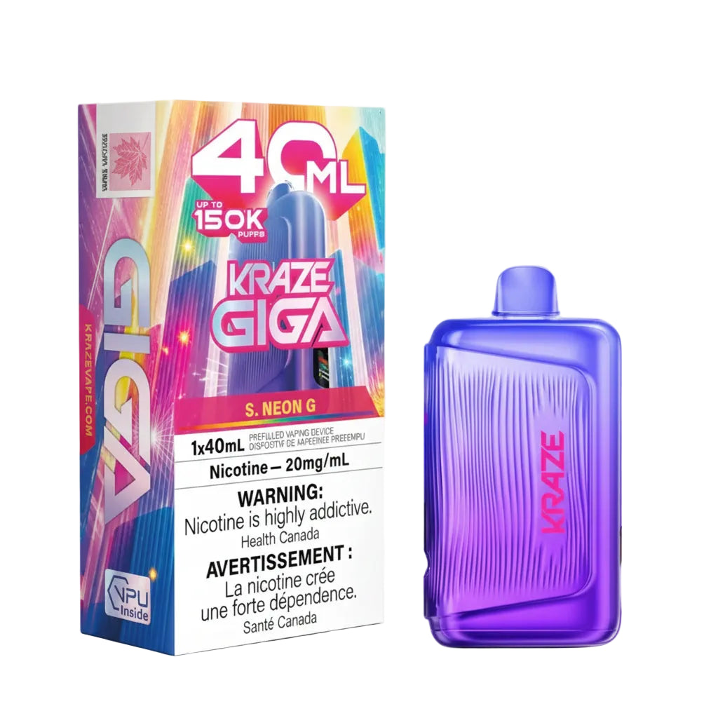 A purple and blue gradient vape device next to its colorful retail box, labeled 'Kraze Giga S. Neon G' with '40 ML' and '150K Puffs' on a white background.