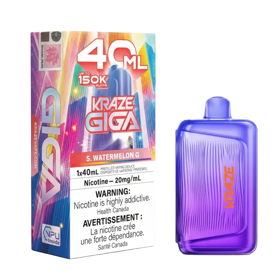 Kraze Giga 40ml disposable vape device in purple alongside its colorful retail packaging box on a white background.