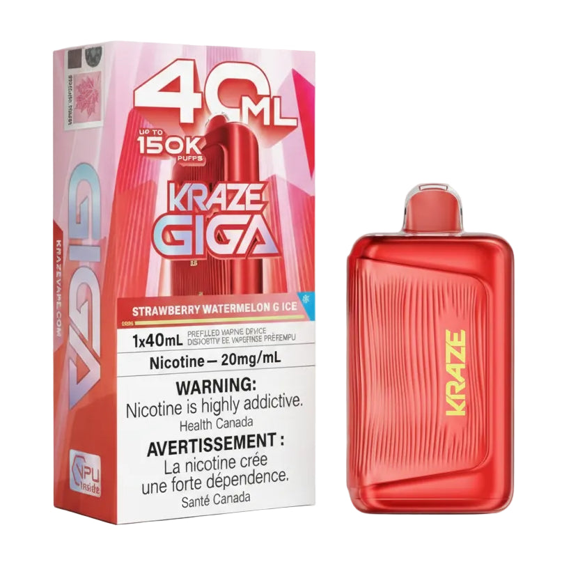 A red disposable vape device next to its retail packaging box. The box is pink and white with '40 ML', 'KRAZE GIGA', and 'Strawberry Watermelon G Ice' printed on it.