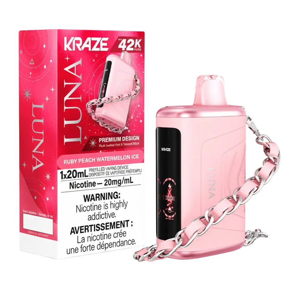 Pink vape device with chain and packaging labeled 'Kraze Luna' on a white background