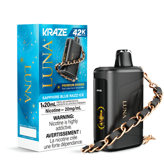 LUNA vape device with packaging and chain on a white background