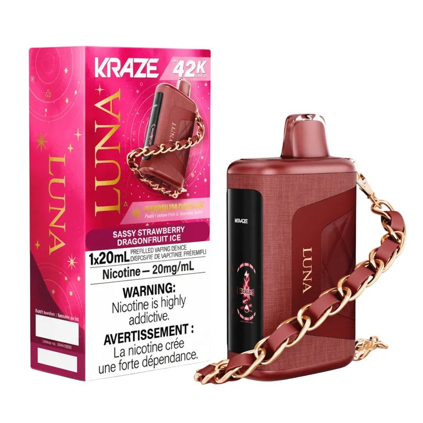 Red Luna vape device with gold chain and pink packaging on a white background