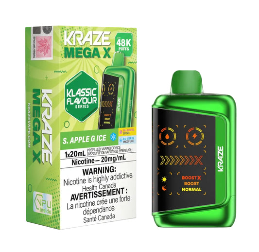 Green vape device with packaging labeled 'Kraze Mega X' on a white background