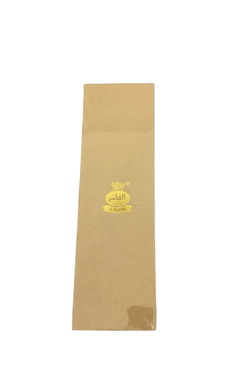 A tall, narrow brown kraft paper box with a gold foil logo in the center, placed on a plain gray surface.