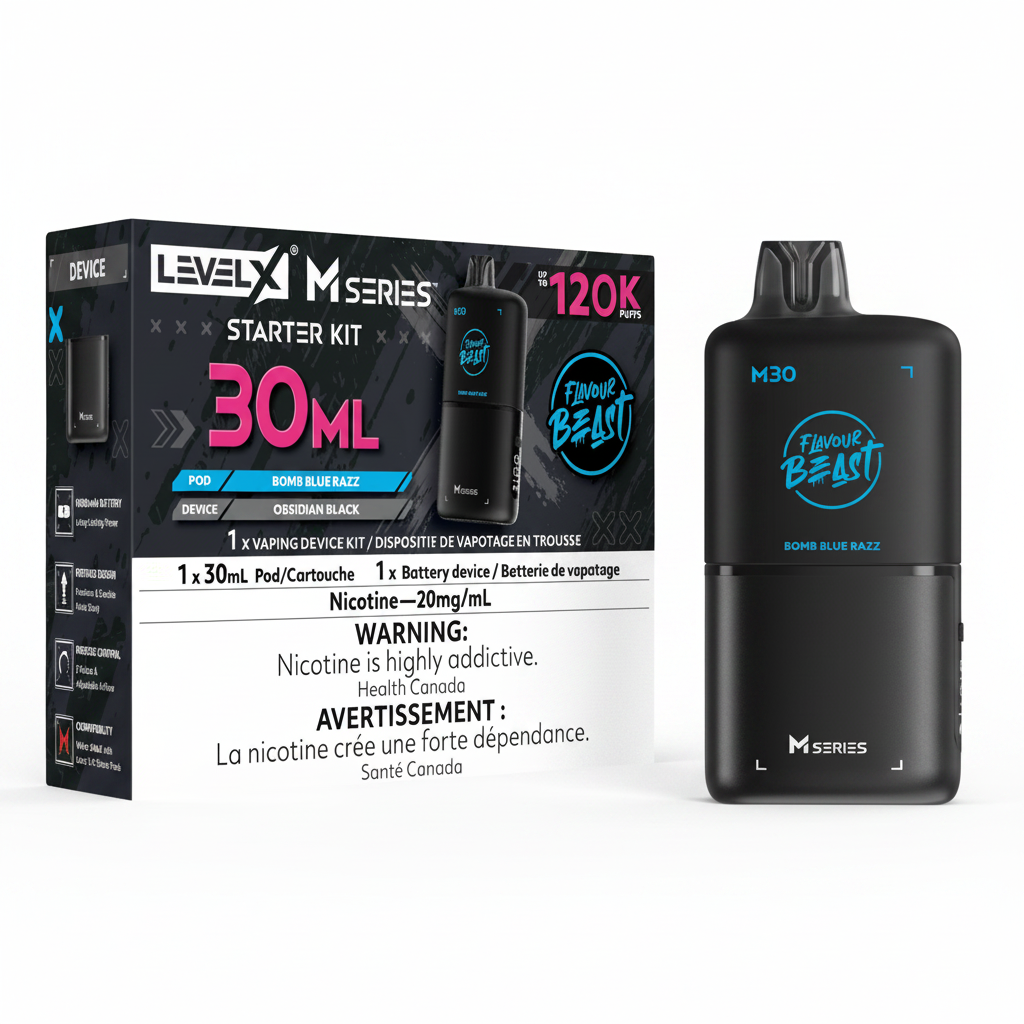 Level X M-Series 30ml vaping starter kit with a black pod device and its retail box on a white background.