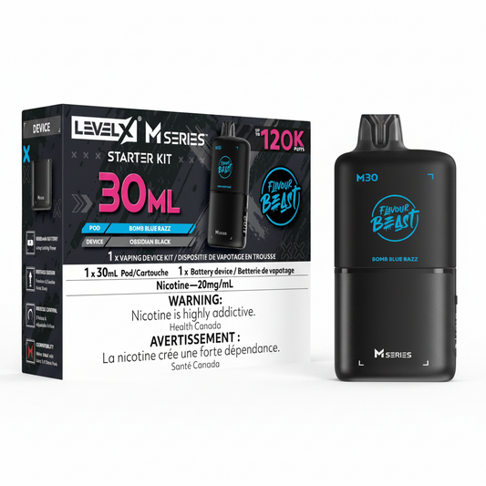 Level X M-Series 30ml vaping starter kit with a black pod device and its retail box on a white background.