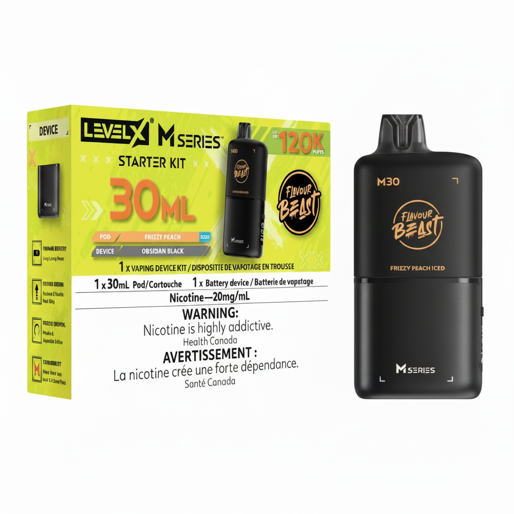Level X M Series Starter Kit in Frozen Peach flavor, featuring a bright yellow and green retail box alongside the black disposable vape device itself on a plain white background.