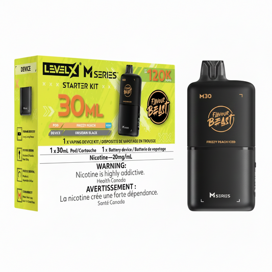 Level X M Series Starter Kit in Frozen Peach flavor, featuring a bright yellow and green retail box alongside the black disposable vape device itself on a plain white background.