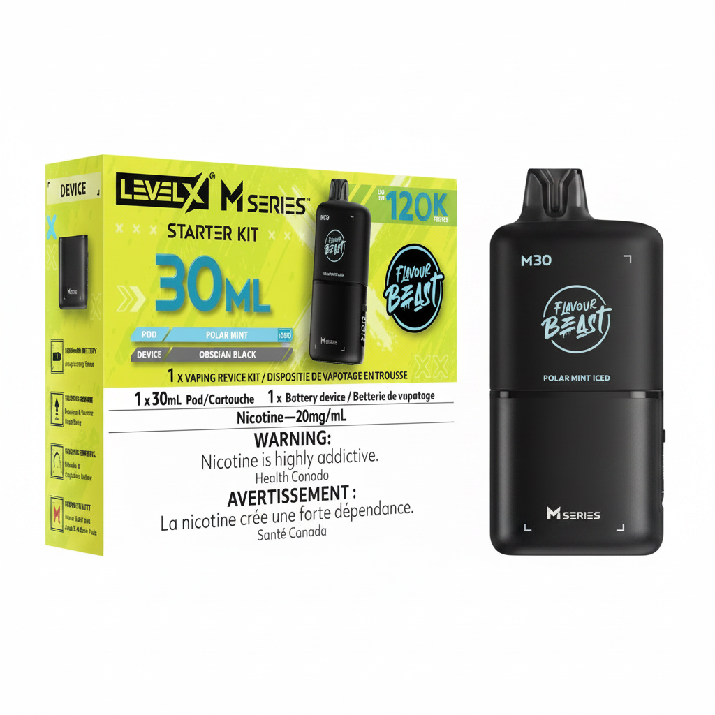 Level X M Series 30ml pod system starter kit in Polar Mint Ice flavor, featuring a bright yellow and green retail box alongside the black disposable vape device.