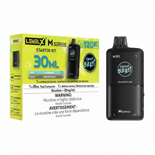 Level X M Series 30ml pod system starter kit in Polar Mint Ice flavor, featuring a bright yellow and green retail box alongside the black disposable vape device.