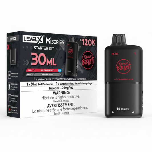Level X M-Series 30ml vaping starter kit shown with its retail box and the vape device itself on a plain white background. The device is matte black with orange-red text reading 'Finery Beast' and 'Randon Blood Orange Nicoo'.