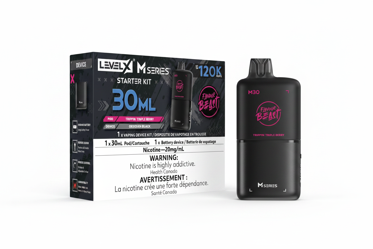 Level X M Series 30ml Vaping Device Starter Kit featuring a black 1X vape device and its retail packaging box on a white background.