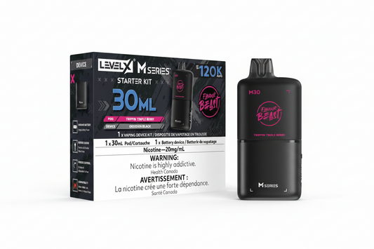 Level X M Series 30ml Vaping Device Starter Kit featuring a black 1X vape device and its retail packaging box on a white background.