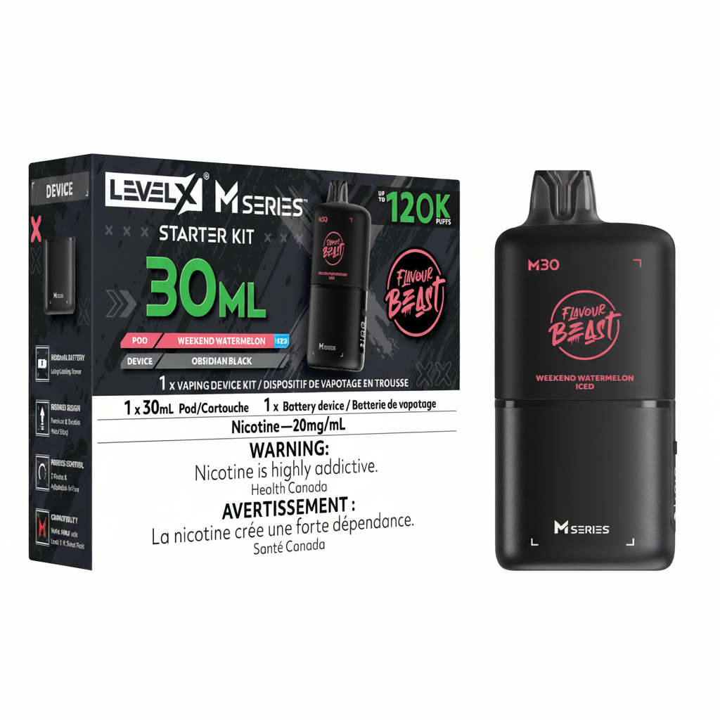 Level X M Series Starter Kit in Weekend Watermelon A40, showing the retail packaging box and the black disposable vaping device next to it on a white background.