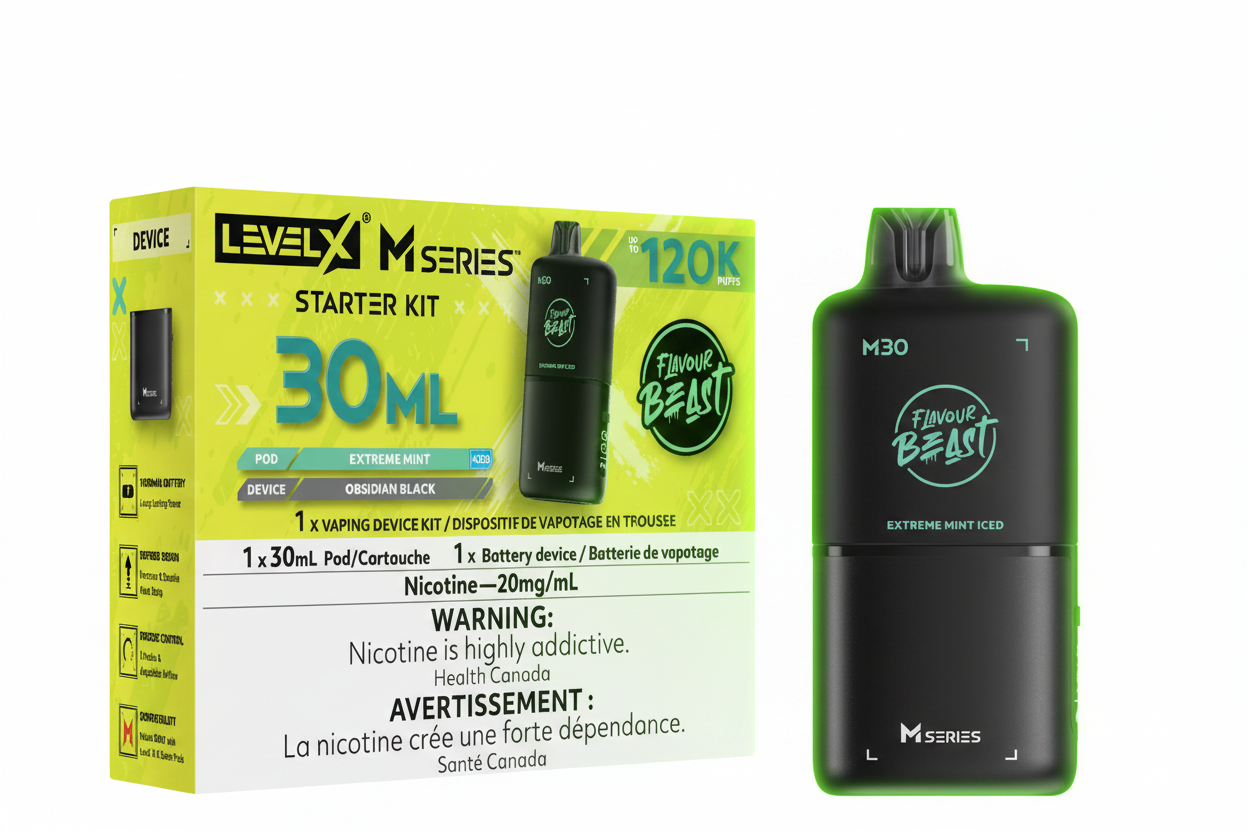 Level X M Series Flavour Beast Starter Kit vape device and packaging box shown on a white background. The box is bright yellow-green with black and blue text, and the device is matte black with green branding.