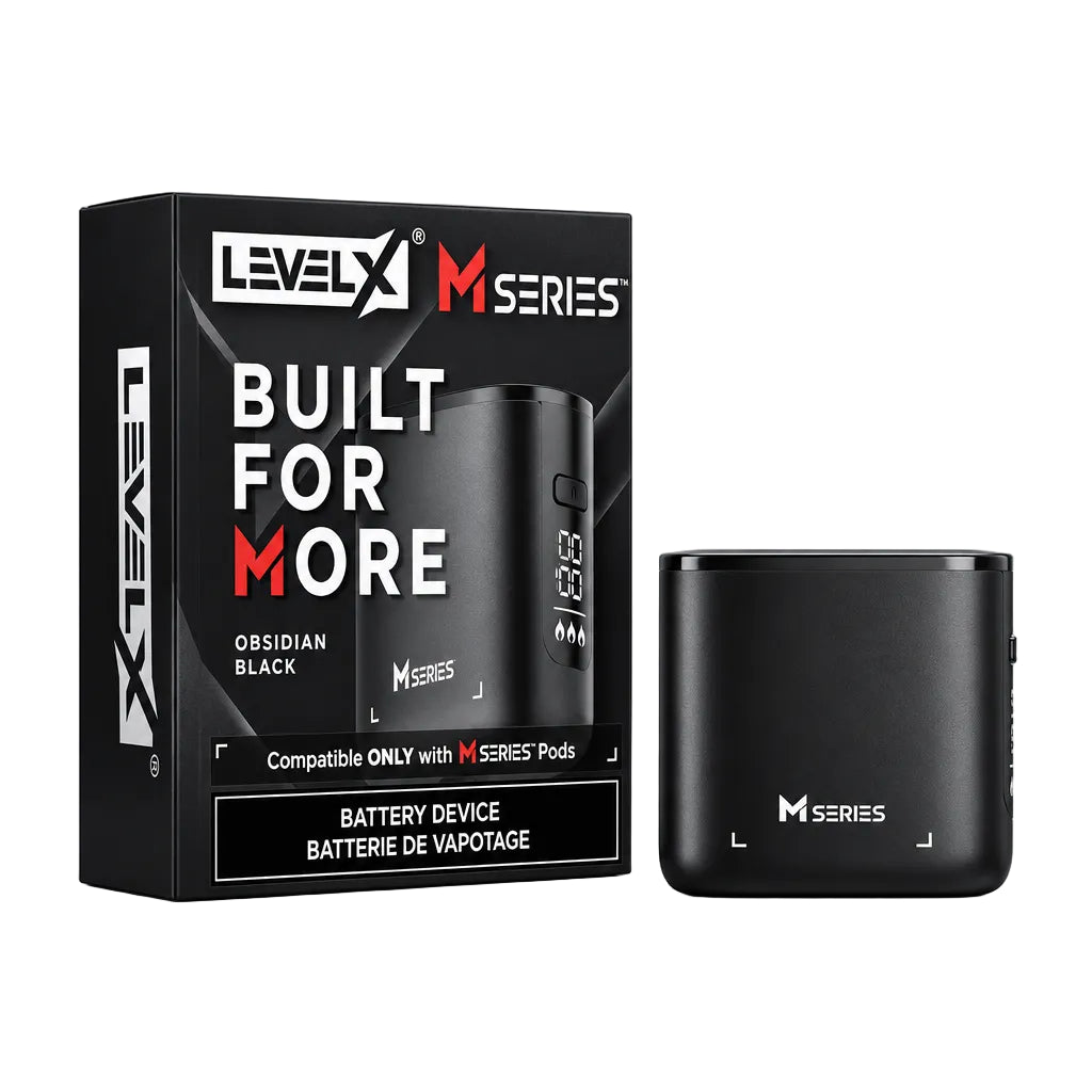 LevelX M Series Obsidian Black battery device shown next to its retail packaging box on a plain white background.