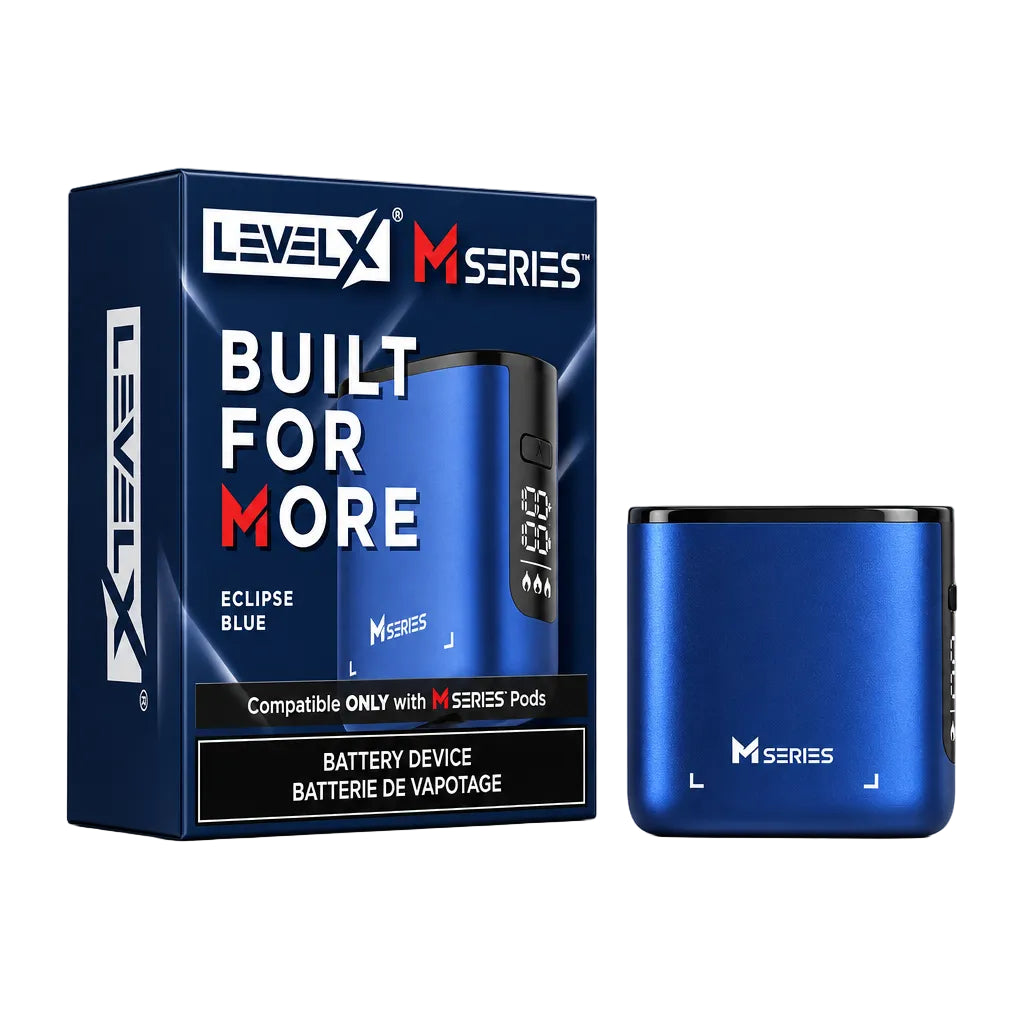 LevelX M Series Battery Device in Eclipse Blue shown next to its retail packaging box on a white background.