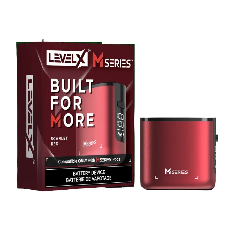 Level X M Series battery vape device in Scarlet Red shown next to its retail packaging box on a clean white background.