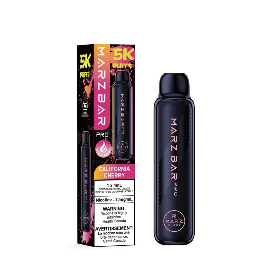 A MARZ BAR PRO 5K disposable vape device in black next to its retail packaging box, which is pink, black, and yellow, on a solid white background.