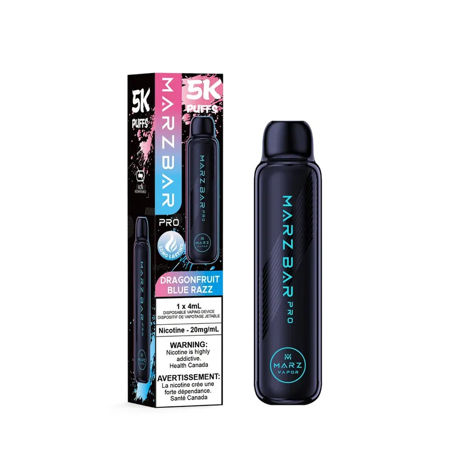A MARZ BAR PRO disposable vape device in a dark blue-gray color next to its retail packaging box, which is labeled '5K Puffs' and 'Dragonfruit Blue Razz'.