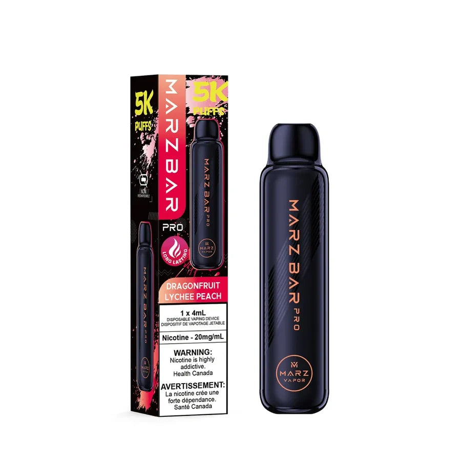 A MARZ BAR Pro disposable vape device in black with gold lettering, shown next to its retail packaging box on a plain white background. The packaging features a black, pink, and gold design with '5K Puffs' and 'Dragonfruit Lychee Peach' flavor text.