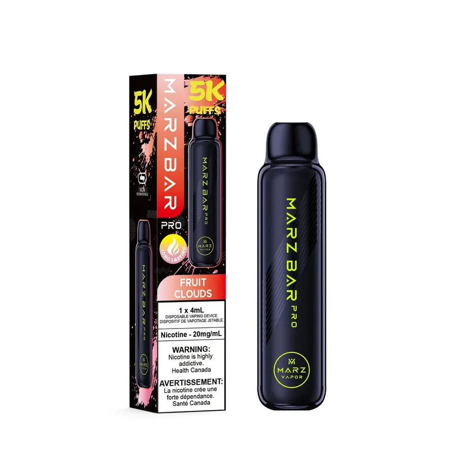 A MARZ BAR Pro disposable vape device in black with gold lettering, shown next to its retail packaging box on a plain white background. The packaging features a black, pink, and gold design with '5K Puffs' and 'Fruit Clouds' flavor text.