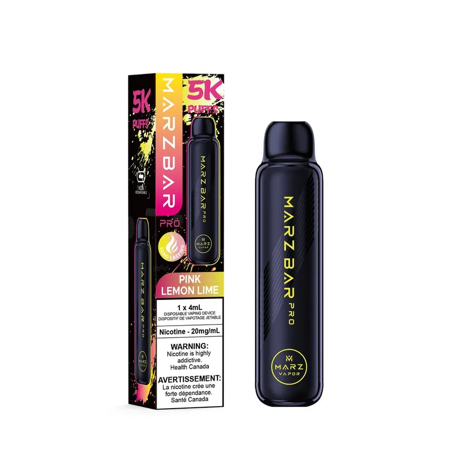 A MARZ BAR PRO 5K disposable vape device in Pink Lemonade flavor, shown next to its retail packaging box on a plain white background.