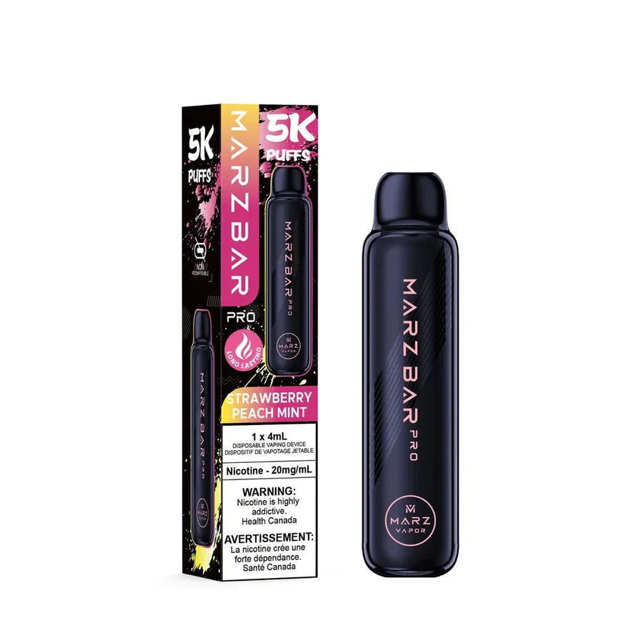 MARZ BAR PRO 5K Puffs disposable vape pen in Strawberry Peach Mint flavor, shown next to its retail packaging box on a plain white background.