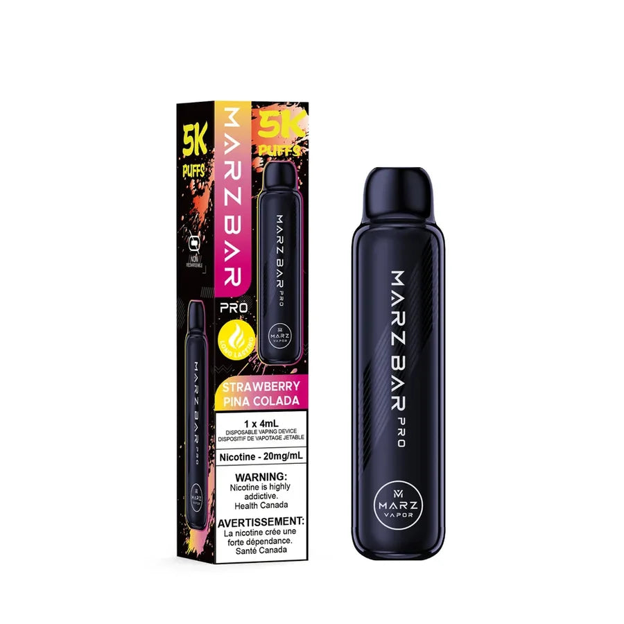 A Marz bar Pro 5K vape device in black with neon yellow lettering, shown next to its retail packaging box on a plain white background.