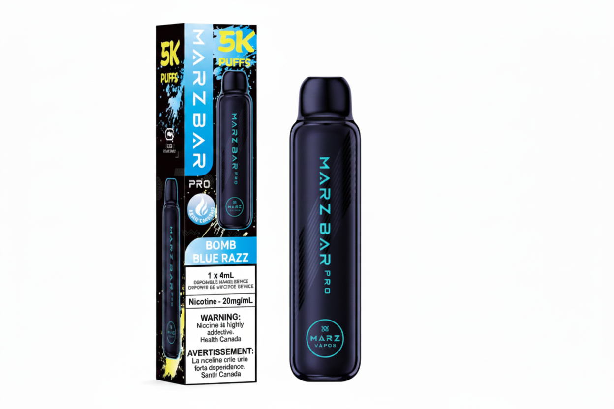 Marz Bar Pro 5k 4ml 20mg nicotine vape shown with its packing beside it on a white back gorund 